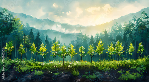 AR Arboreal Awakening: Watercolor Illustration of Young Forests with Conservation AR Enhancements photo