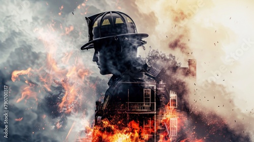 Double exposure photograph of a fireman with fire background © Pixel Palette
