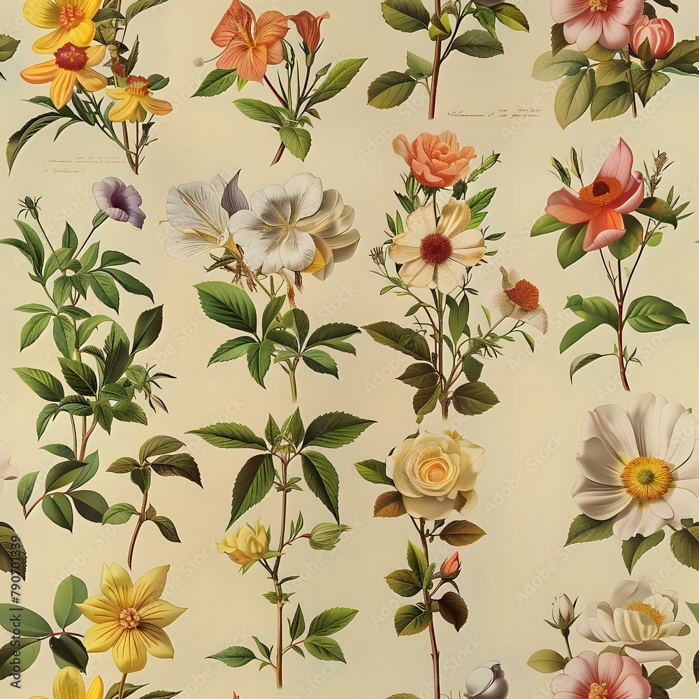 Vintage Style Illustration of Realistic Botanical Flowers