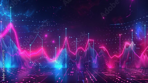 an artistic portrayal of business economics through neon-infused charts. Capture the essence of growth and decline analytics against an abstract neon background