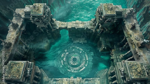 Detailed D&D map concept of a forgotten underwater empire, intricate ruins and mythical architecture, creating a sense of ancient grandeur and lost stories; sharp 4k graphics