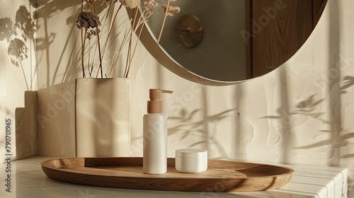 Tray with blank white skincare tubes and skincare jars in the bathroom with mirror In the style of natural earth tones, wood,Take product photos and advertisements © B.Panudda