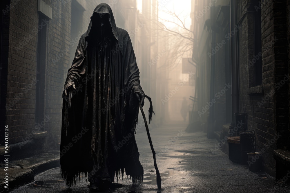 Grim reaper standing in a misty alley. - obrazy, fototapety, plakaty 