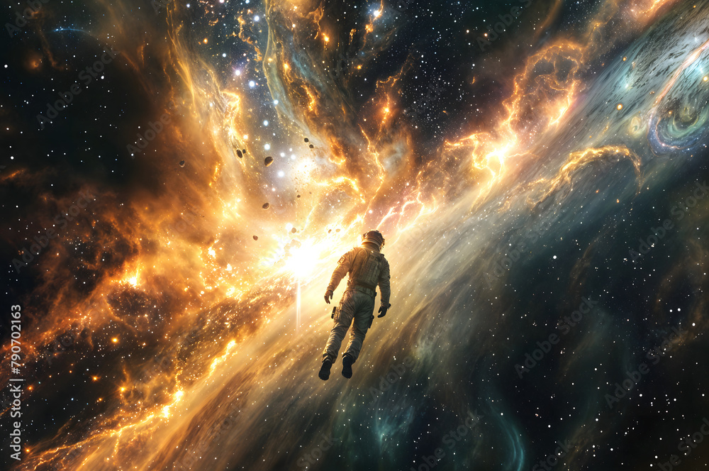 Bands of light in space coalescing into the form of a giant human figure, surging directly towards Earth