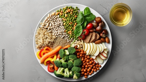Top view of a nutritious plate featuring whole grains, vegetables, legumes, and nuts with a glass of water