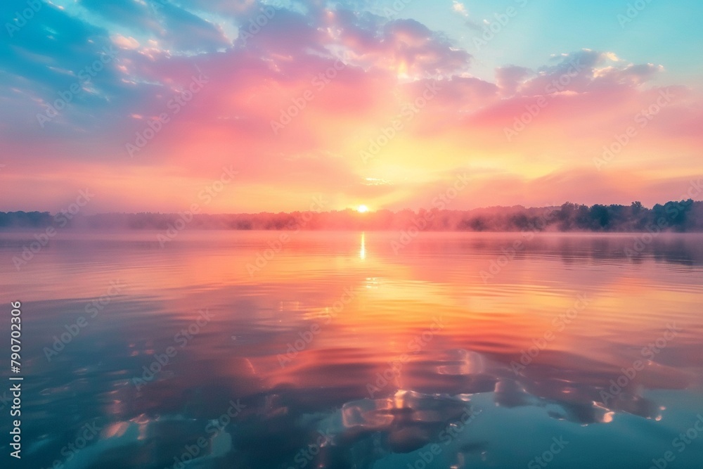 Colorful sunrise over a calm lake with mist rising from the water.