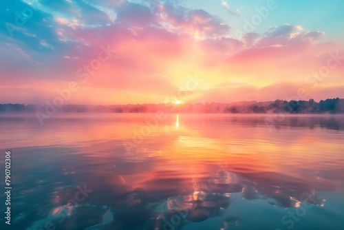 Colorful sunrise over a calm lake with mist rising from the water. © Papisut