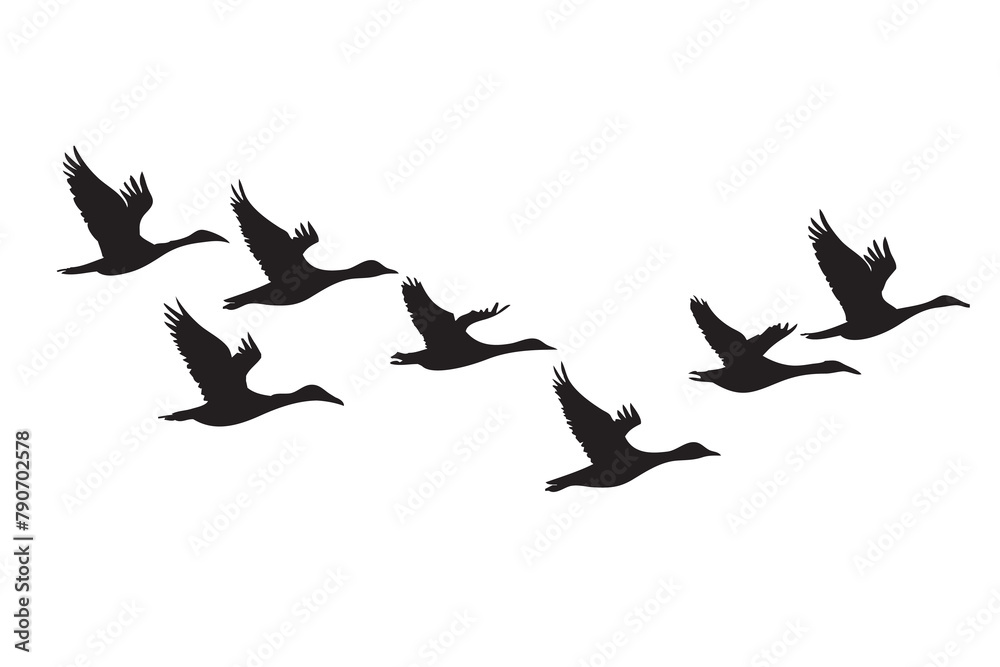 Flock of flying geese silhouettes isolated on white background. Vector illustration.