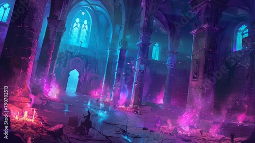 A dimly lit fortress interior  lined with summoned familiars glowing with arcane energy  a scene straight out of a fantasy adventure game.