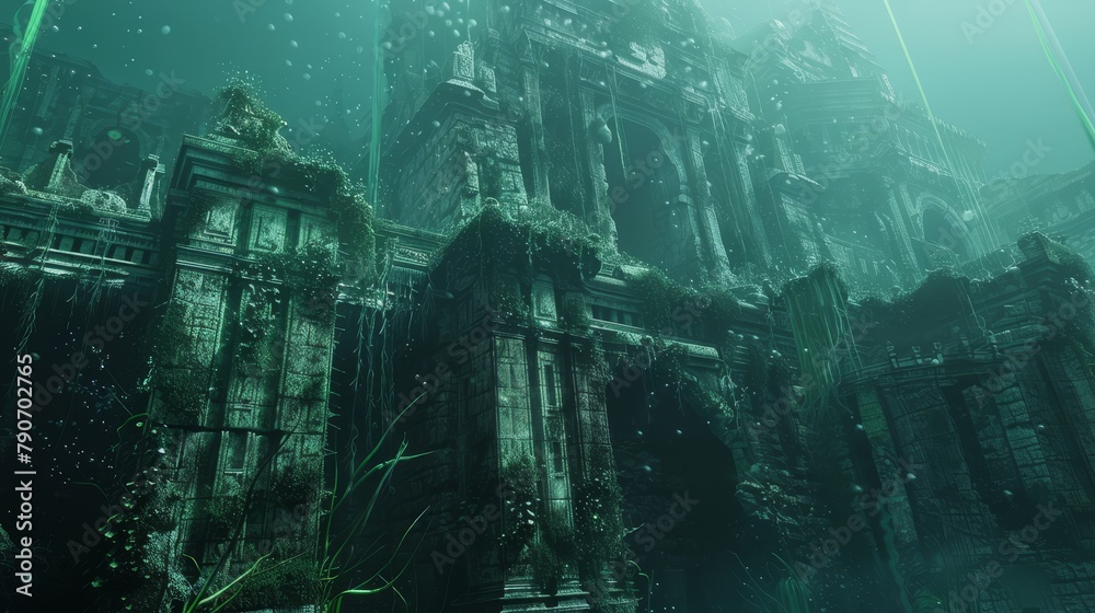 Obraz premium Ancient underwater metropolis, overgrown with algae and barnacles, mythical creatures lurking, treasure-filled temples, submerged in time and mystery, for fantasy scene game; 4k detail