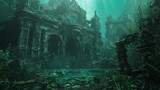 Ancient underwater metropolis, overgrown with algae and barnacles, mythical creatures lurking, treasure-filled temples, submerged in time and mystery, for fantasy scene game; 4k detail