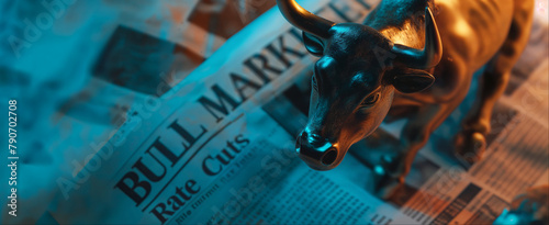 newspaper bull market headlines page and media, start of quantitative easing and central bank interest rates cut to stimulate the economy and stock market recovery as wide banner photo
