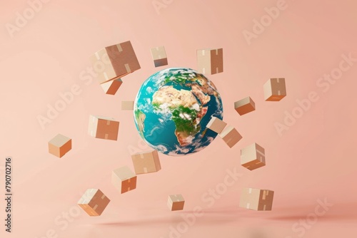 Global shipping service concept with Earth globe and cardboard boxes. AI generative art 