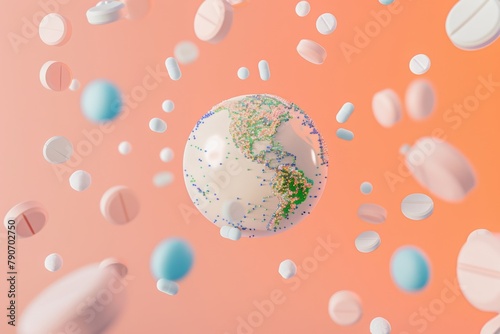 Earth globe with pills and tablets all over around it. Ai generative art