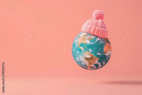 Earth globe with pink winter woolen cap. Ai generative art