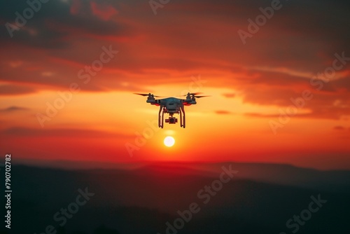 Drone flying in the sky capturing aerial photography.