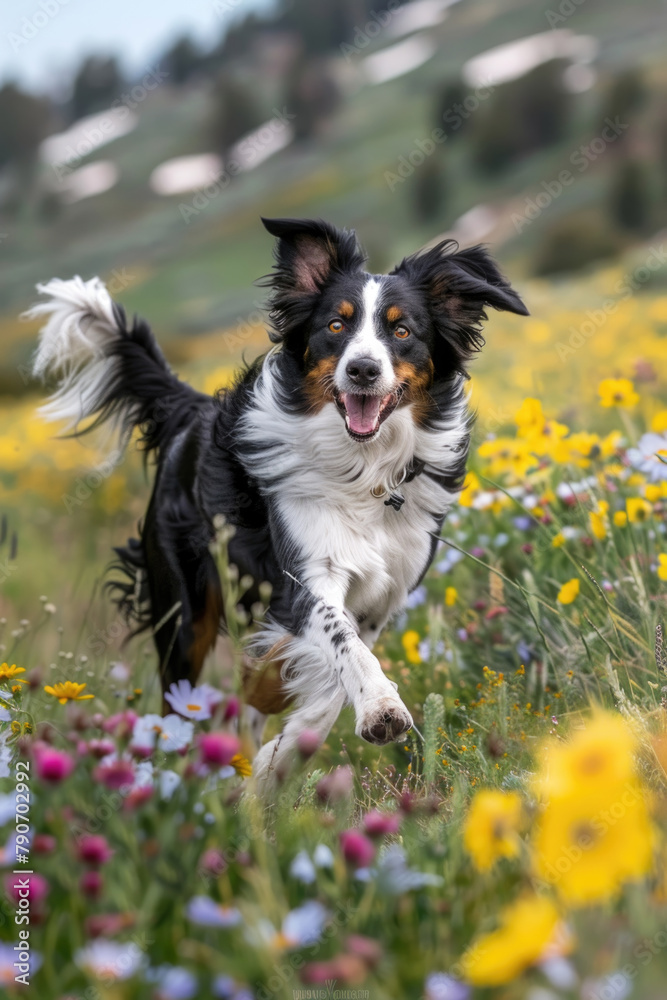 A dog joyfully runs through a vibrant field of colorful flowers under the bright sun