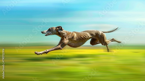 A lively dog is mid-air, jumping with excitement and energy photo
