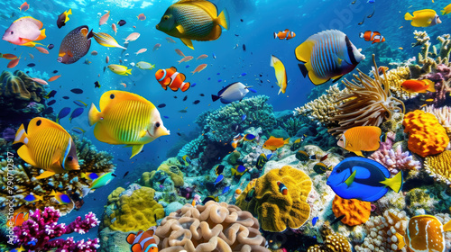 A large group of vibrant fish swims together over a coral reef in the ocean, showcasing a beautiful underwater ecosystem