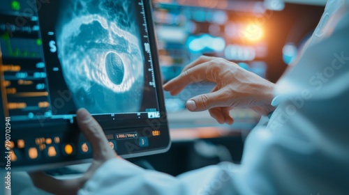 A doctor is pointing at a computer screen displaying a medical image photo
