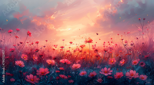 Pastel Dawn Symphony: Watercolor Serenade with Dewy Flowers and Butterflies