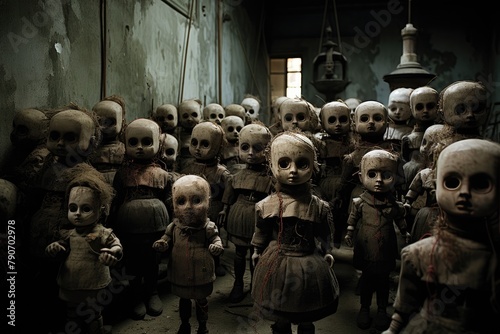 Creepy dolls arranged in a sinister manner. photo
