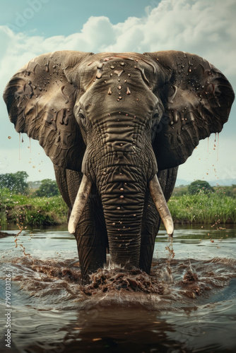 An elephant stands majestically in a body of water  surrounded by a serene natural environment