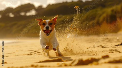 A dog enjoying a run on a sandy beach next to the ocean, with waves gently crashing in the background