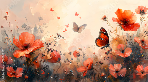 Soft Sunrise Serenity: Watercolor Scene of Dewy Flowers and Butterflies at Dawn