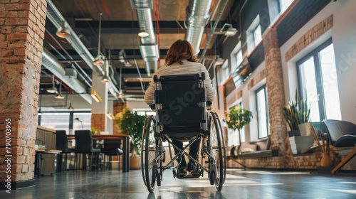 Rear view portrait of disability businesswoman sitting on wheelchair in office room. AI generated