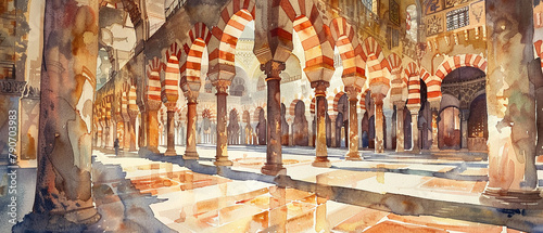 Watercolor hand draw The Great Mosque of Cordoba in Spain is a masterpiece of Moorish architecture photo