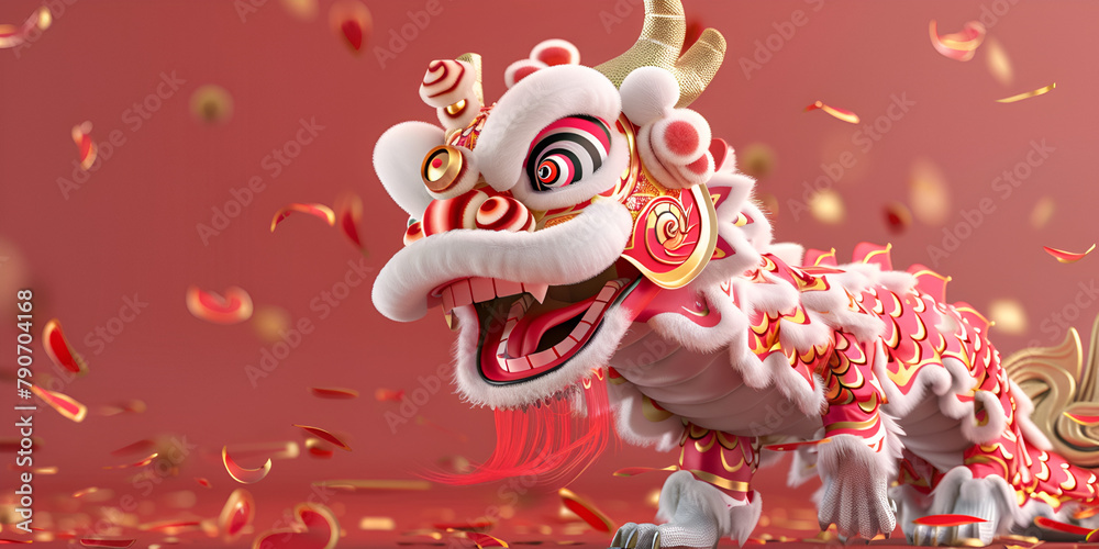 Chinese traditional colorful lion dance show in China townNew Year festival year of the dragon with red background