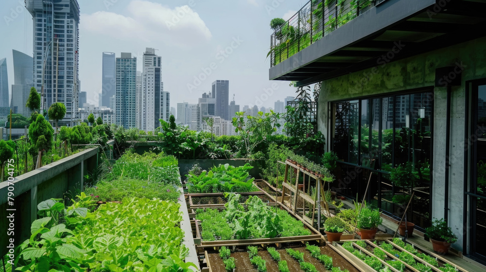 A rooftop garden filled with a variety of plants, set against a backdrop of urban buildings and the city skyline A rooftop garden filled with a variety of plants, set against a backdrop of urban buildings and the city skyline