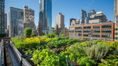 A rooftop garden filled with greenery and plants surrounded by buildings in the city