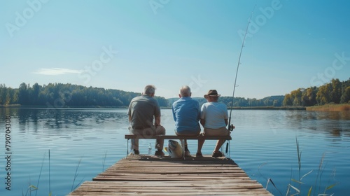 Back view portrait happy senior father enjoying fishing on a pier at calm lake. AI generated image