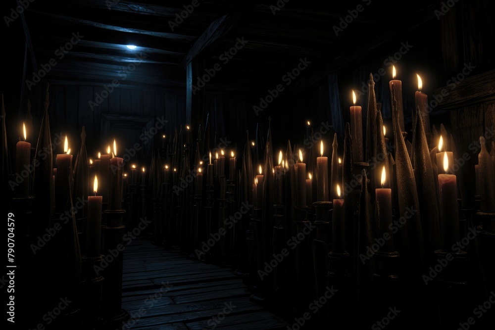 Candles flickering in a dark, spooky room.