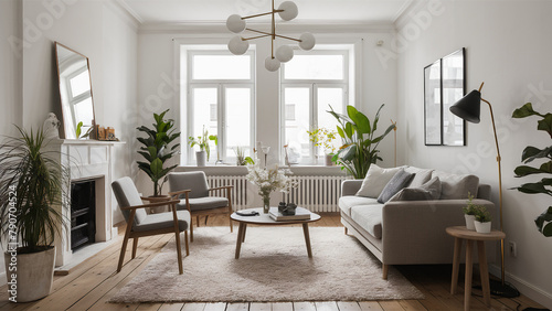 Modern Scandinavian home interior design characterized by an elegant living room featuring a comfortable sofa, mid century furniture, cozy carpet, wooden floor, white walls, and home plants. © DreamART