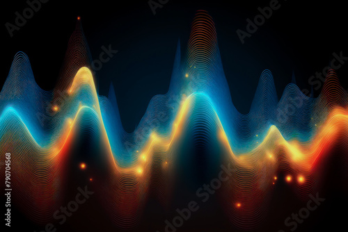 Abstract motion sound wave background with wavy lines. Modern fashionable glow dynamic illustration, minimal colourful on dark background.Digital pulse sound rhythm wallpaper