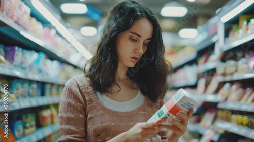 Portrait a young woman reading food label of diary product in grocery store. AI generated