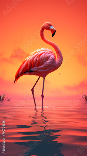 A beautiful pink flamingo standing in the water © Derby