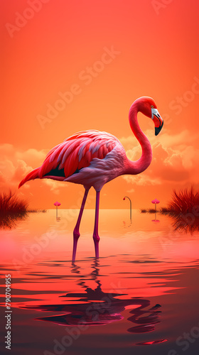 A beautiful pink flamingo standing in the water