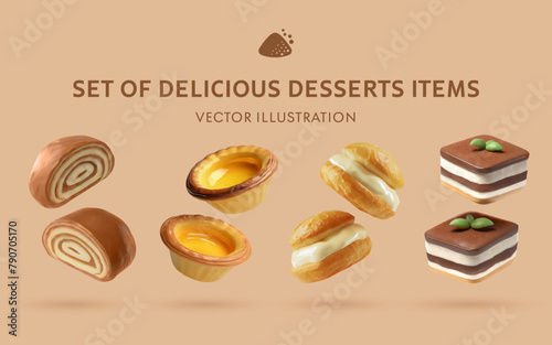 A Set of Delicious Desserts 3D Vector Items: Orechovy Zavin, Pastel de Nata, Cream Puff, Tiramisù