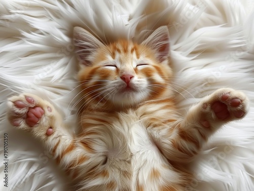 Ginger kitten sleeping blissfully on a fluffy white rug.