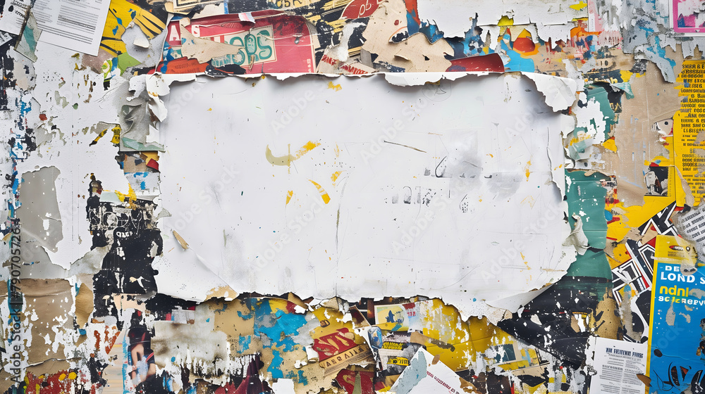 Fototapeta premium Peeling layers of old posters on wall, creating textured space for artistic expression or ads