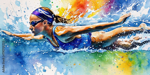 watercolor illustration of woman in swimming pool