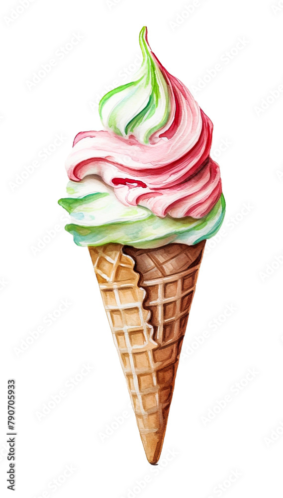 włoskie lody w wafelku, farba akwarelowa. Izolowane. włoskie lody w wafelku, farba akwarelowa. Izolowane.