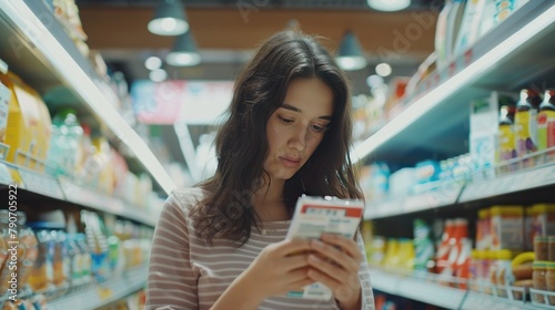 Closeup young woman reading food label of diary product in grocery store. AI generated © MUCHIB