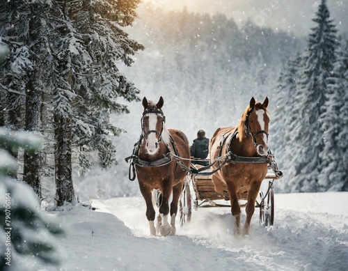 Pferde ziehen einen Schlitten durch eine verschneite Winterlandschaft
