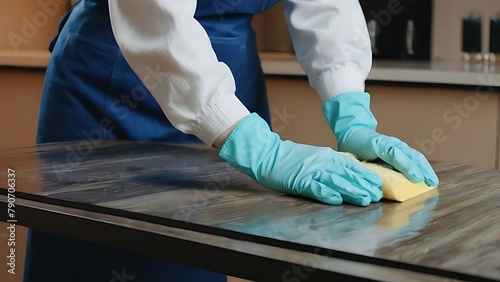 Female cleaner Hands in gloves close up, housewife, woman polishing, table. Generative AI