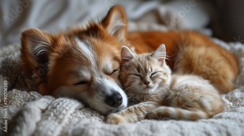 a cute animal image, a ginger-colored cat and a tan lying close together